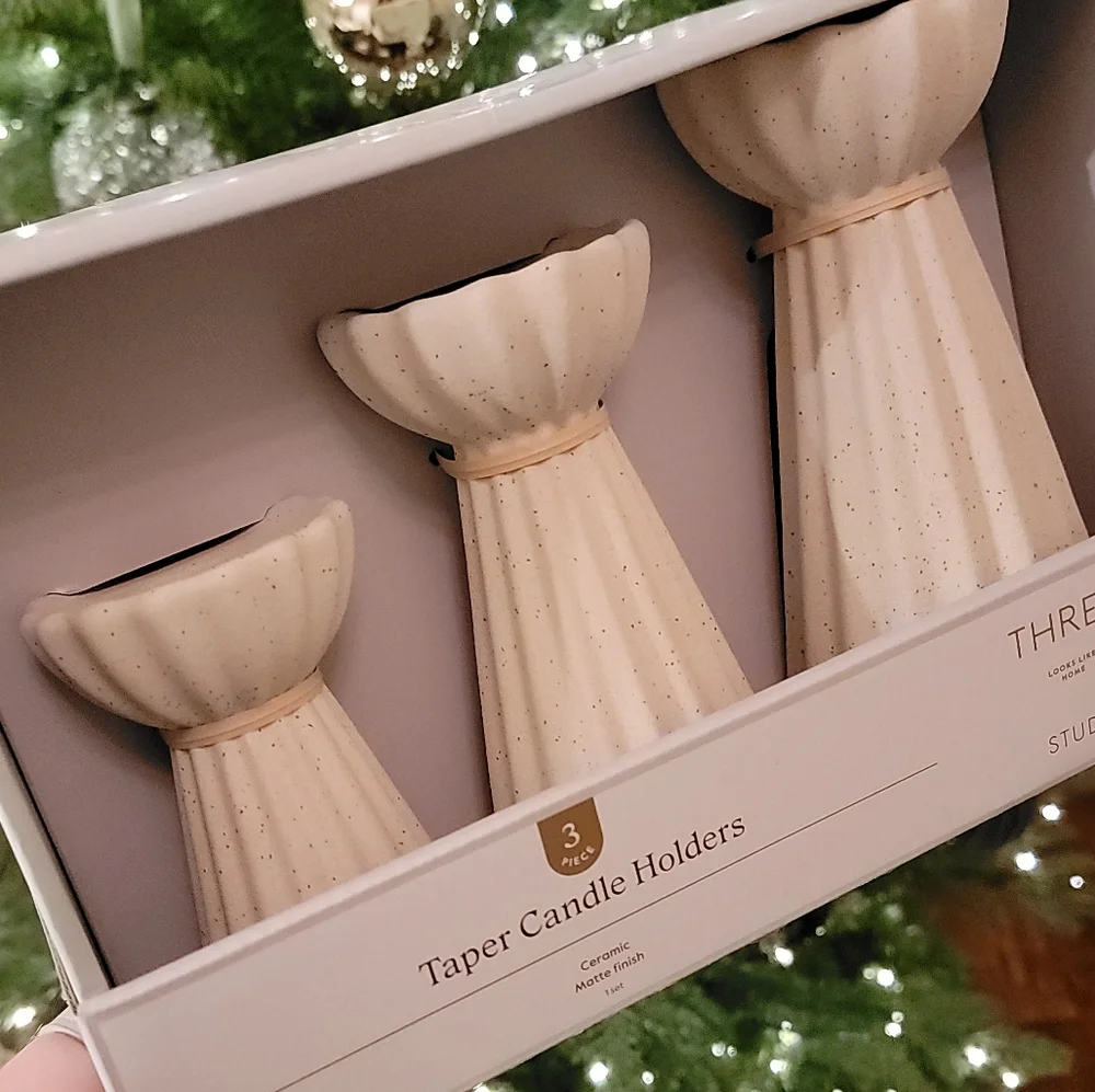 Last Day! Studio Mcgee Ceramic Ribbed Taper Candle Holders Set Beige Threshold - Picture 2 of 12